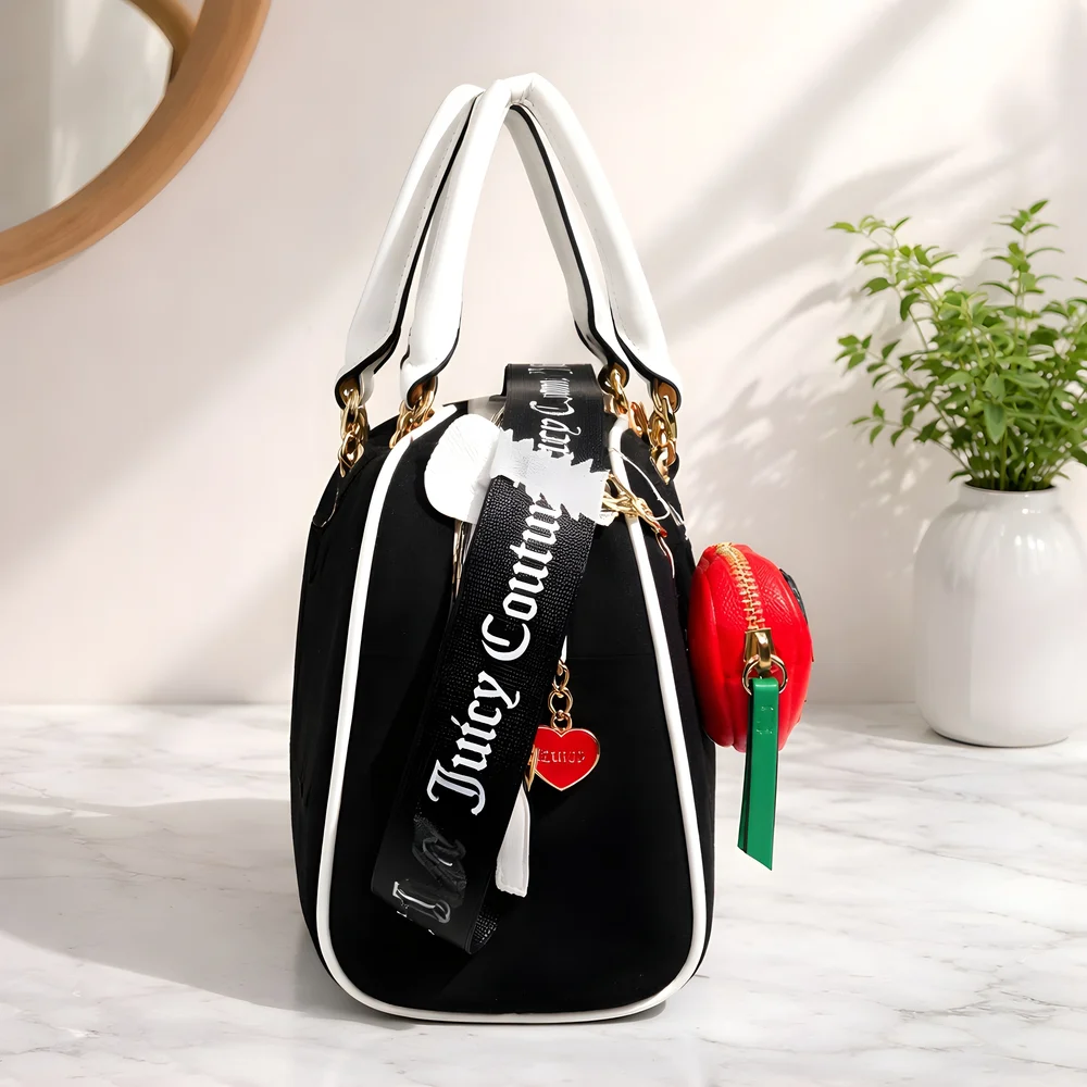 Juicy Couture Black Strawberry Velvet Dome Bag with Red Strawberry Coin Pouch